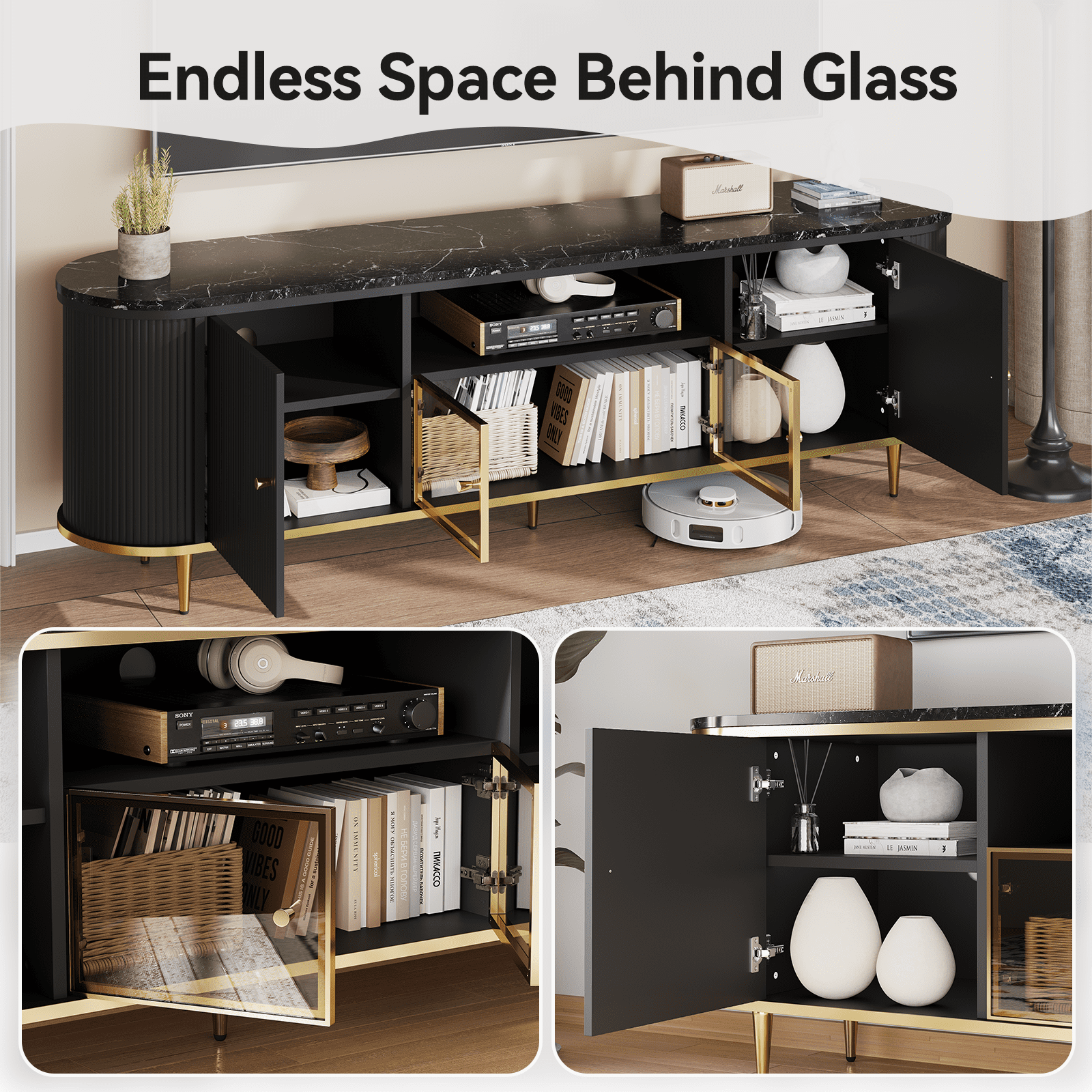 BaPiPro 70" Modern Chic TV Stand with Multi-Storage Cabinets & Glass Doors, Entertainment Center for Living Room, Black