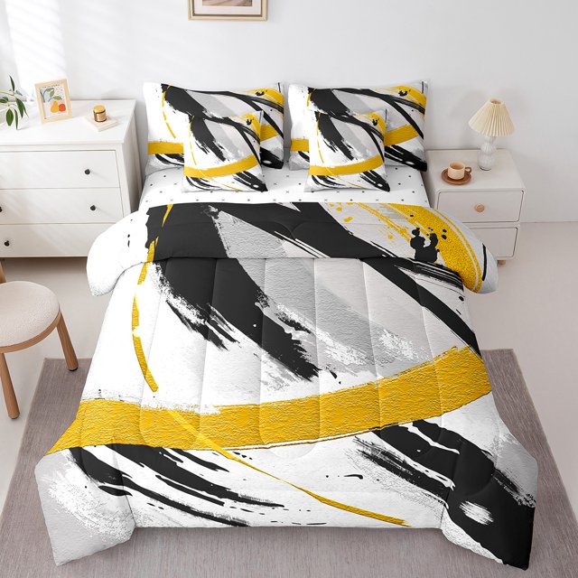 YST, Gradient Abstract, Comforter Set, Artistic, 7-Piece, Black Grey Yellow, Queen Size