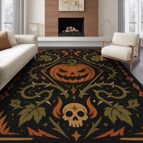 ODIKA 8'x10' Washable Area Rug Non-Slip Chair-Friendly Mat Orange Black Gothic Pumpkin and Skull Design Elegant Seasonal Motif with Star Leaf for Dining Room, Large Office, Lounge