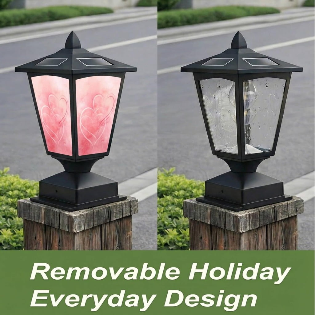 Solar Post Cap Light Outdoor, Fits 4x4 5x5 6x6 Wood Posts, Waterproof LED Fence Post Light for Deck Patio Garden Yard Decoration, Removable Design Panel (Black, 1 Pack) (Heart2)