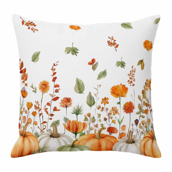 Throw Pillow Covers, Orange Green Fall Decorative Throw Pillow Covers 18x18 Inch, Thanksgiving Pumpkins Maple Leaf Square Linen Pillow Cases for Couch/Living Room/Sofa