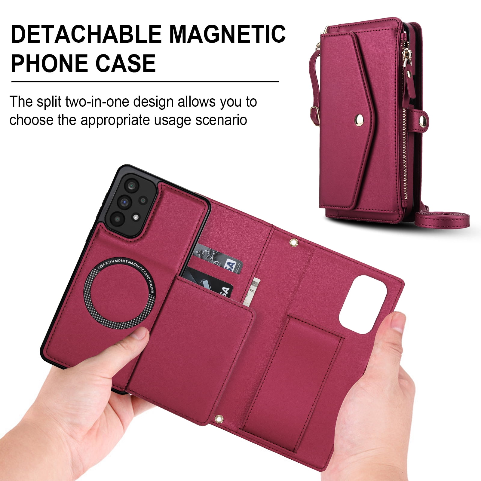 For Samsung Galaxy A54 5G Crossbody Wallet Phone Case,Magnetic Detachable Flip,With Shoulder Strap&Wrist Strap,Zipper Pocket,Card&Cash Slots,PU Leather Shockproof Rugged Phone Case,Red