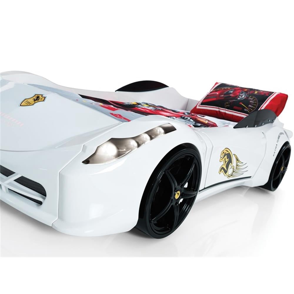 Pemberly Row Modern Wood Twin Race Car Bed with Remote Control in White