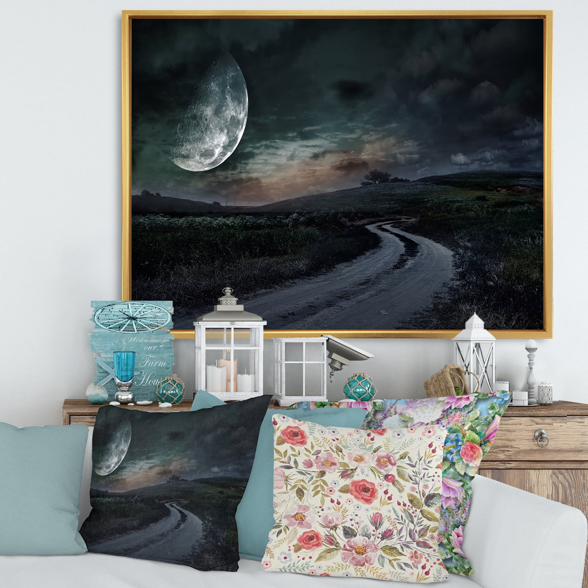Designart 'The Meadow Under Full Moon With Rural Road Through ' Nautical & Coastal Framed Canvas Wall Art Print