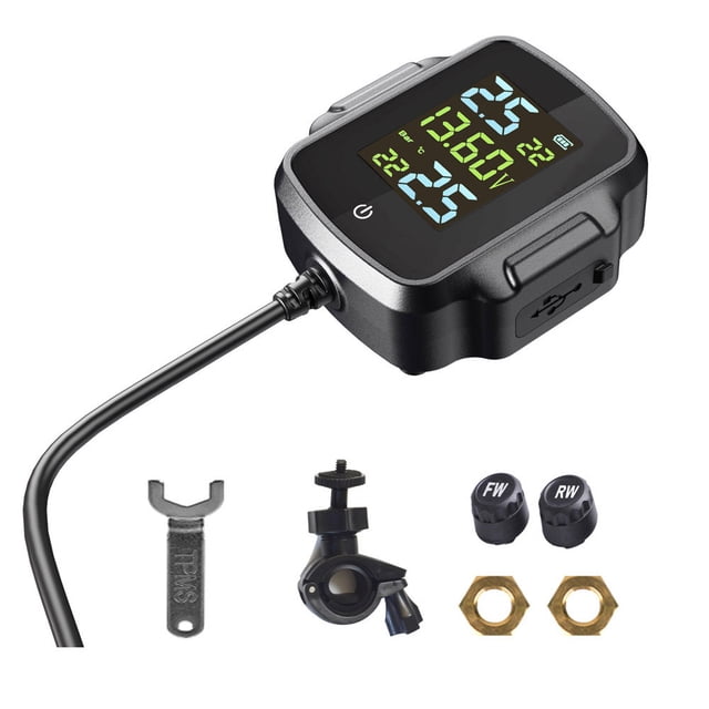 ikayaa Tire Pressure Detector Motorcycle Tire Pressure Monitor Monitoring System TPMS Detector with 2 Waterproof External Sensors Support USB Output