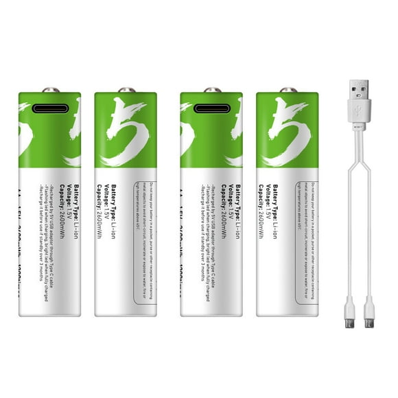 4PCS Type-C Port Rechargeable AA Lithium Battery 1.5V Battery 2600mWh High Capacity Constant Voltage Quick Recharge Environmental Friendly Utility Reusable Battery for Electric Toy Doorbel