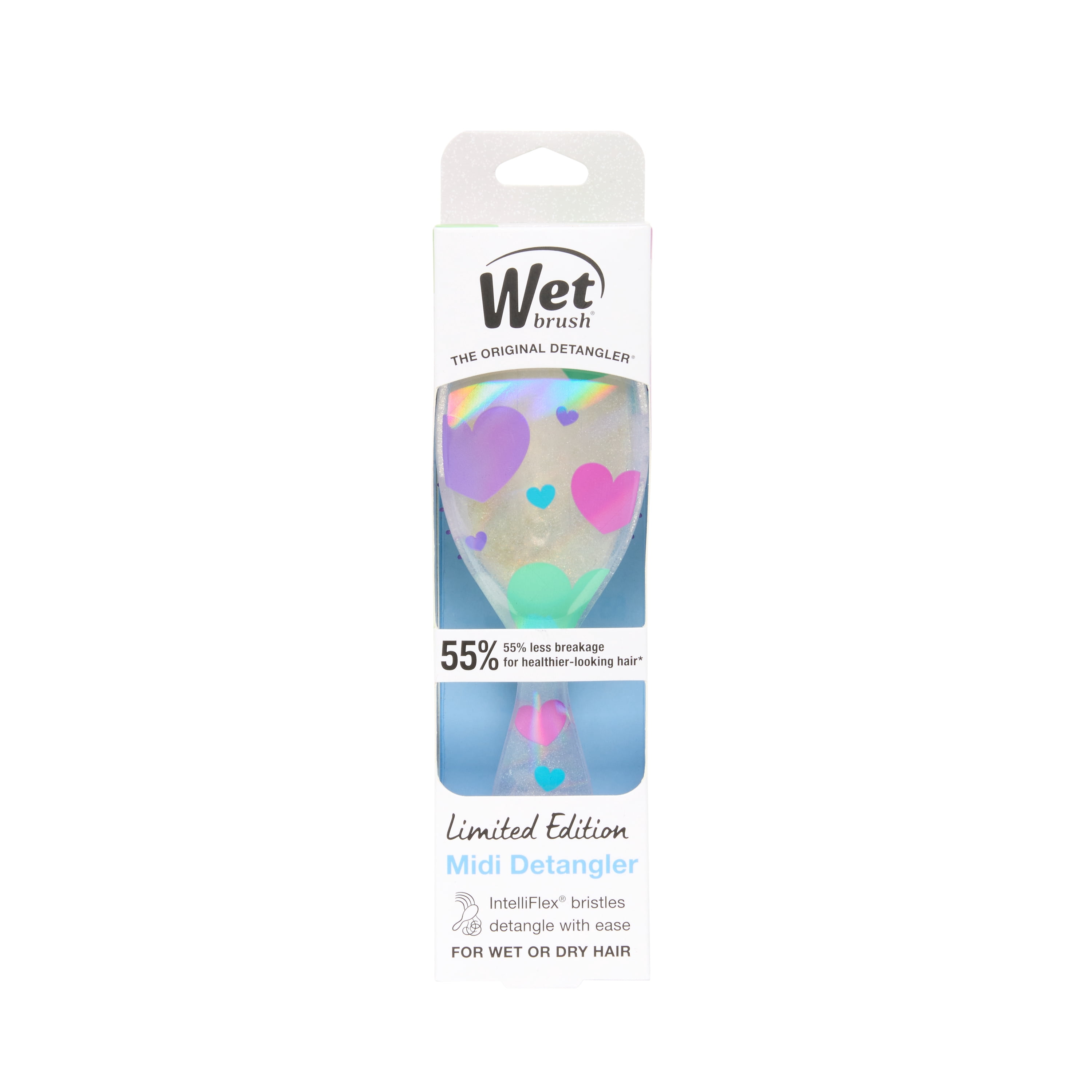 Wet Brush Original Detangler Hair Brush, Midi Size, Glitter Hearts Design, for Wet or Dry Hair