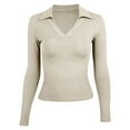 thumbnail image 5 of UJNDER Women's Long Sleeve V Neck Slim Fit Tops for Women Casual Basic Pleated Top T Shirt Comfortable Khaki S, 5 of 6