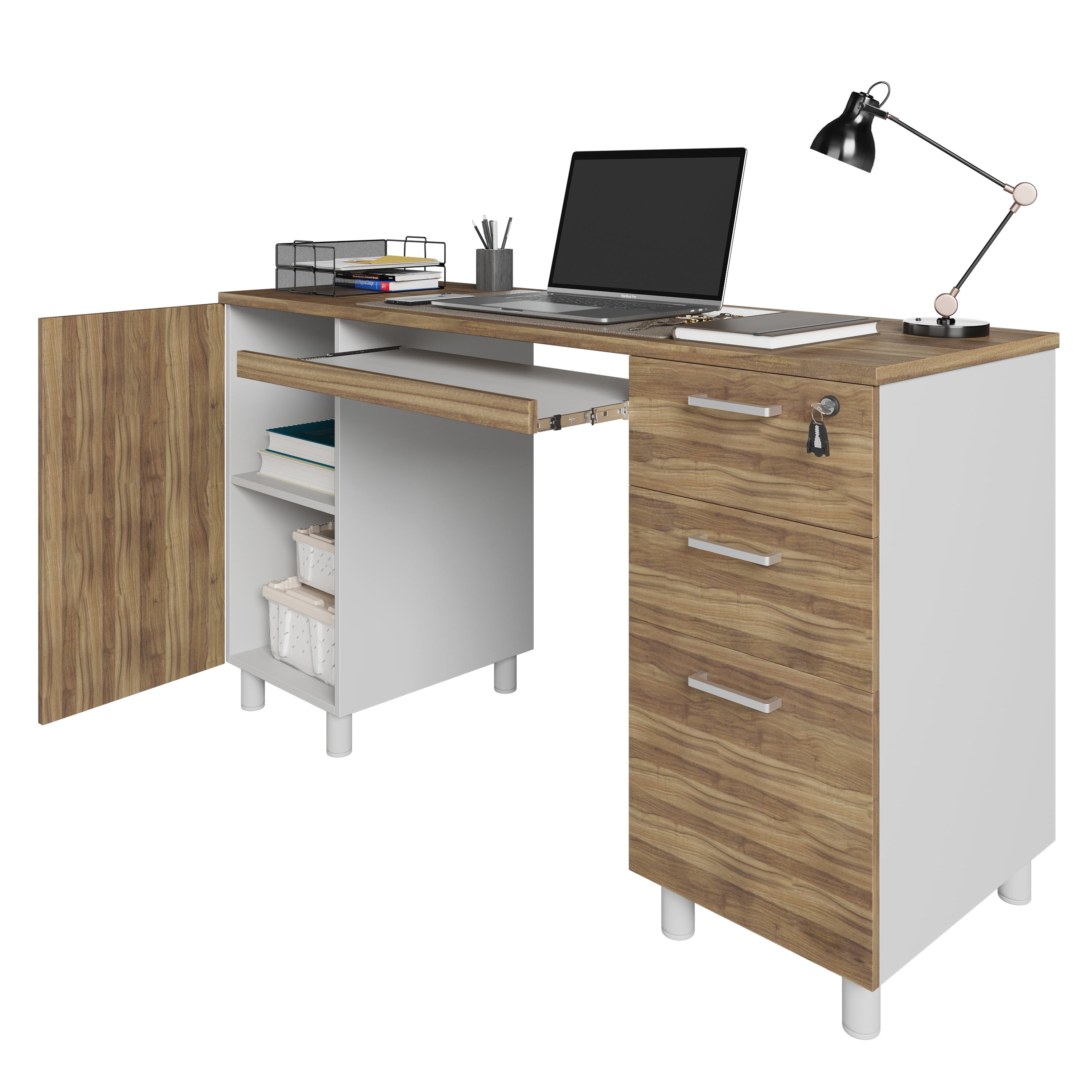 Modern Design Venice Computer Desk Great for Home Office Desk by Crafts and Comfort - 3 Drawers and CPU Storage Cabinet - Laptop Workstation with Keyboard Tray and Cable Hole - Walnut / White
