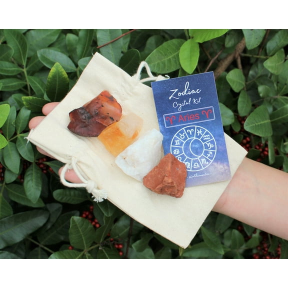 Aries Zodiac Crystal Kit, 4 Birthstones in an Organza Pouch, Rough or Tumble!