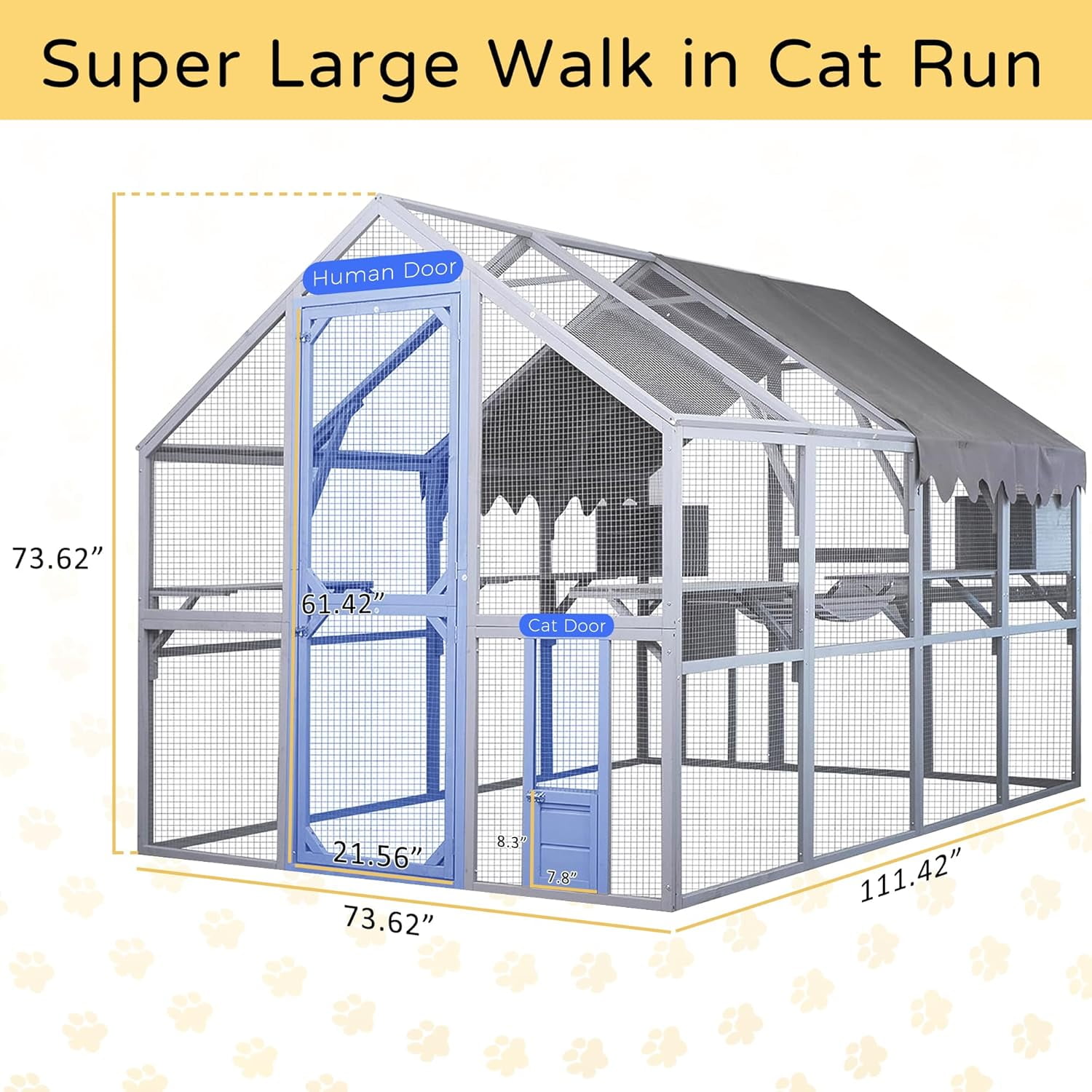 Large Catio Outdoor Cat House Enclosure Wooden Cat Cage Kitten Condo for Multiple Pets Walk in, with Bouncy Bridge, Platforms, Small Houses and Weatherproof Roof - 111”x74”x74”