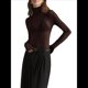 thumbnail image 2 of Top de Larga Ajustado de de Color Liso con Cuello Alto para Mujer, Camisa Transparente. Marrón Oscuro M, 2 of 7