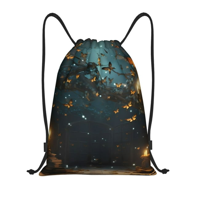 Saiise Magical Library Butterfly Night Pattern Sports Drawstring Backpack - String Swim Gym Bag with Wet Proof Pocket for Women&Men-Small
