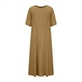 thumbnail image 3 of QLEICOM Women's Elegant Loose Solid Color Dresses Crewneck Loose Puff Sleeve Dress Half Sleeve Cotton And Linen Flowy Maxi Dress Beach Daily Party Dress Vintage Dress Beach Sundress Brown XL, 3 of 7