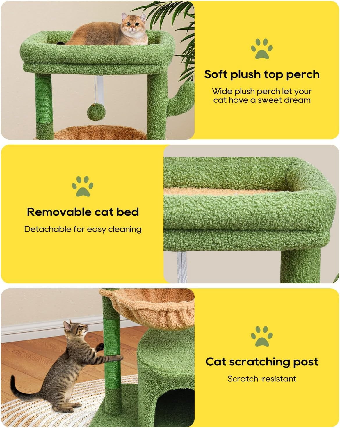 Cactus Cat Tree for Indoor Cats, Green Activity Cat Tower with Scratching Post for Kittens, Modern Cat Furniture with Basket & Hanging Ball for Play Rest