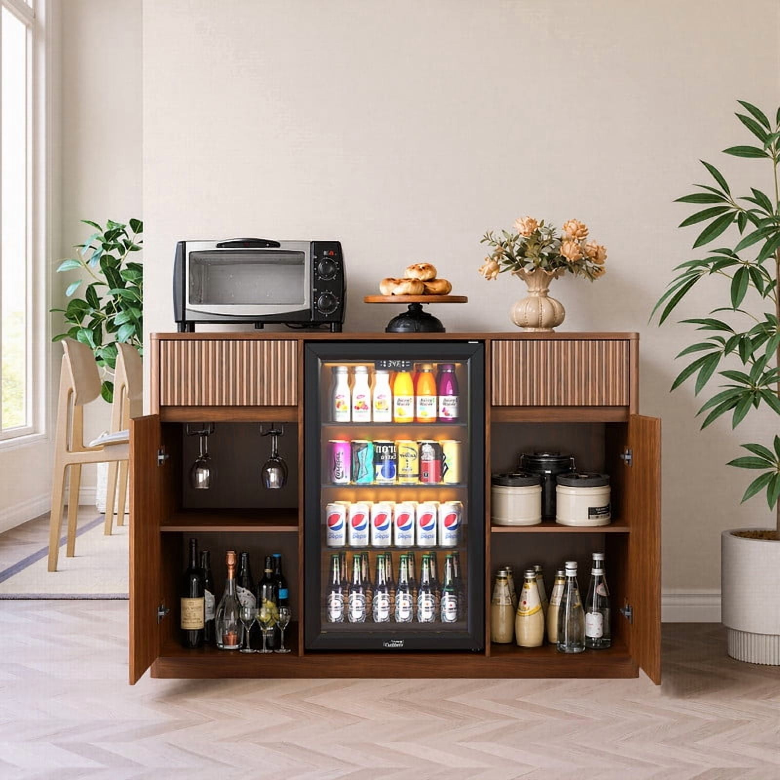 53.2"W Fluted-Door Kitchen Sideboard Buffet with Mini Fridge Nook, Freestanding Bar Wine Storage Cabinet with Charging Station
