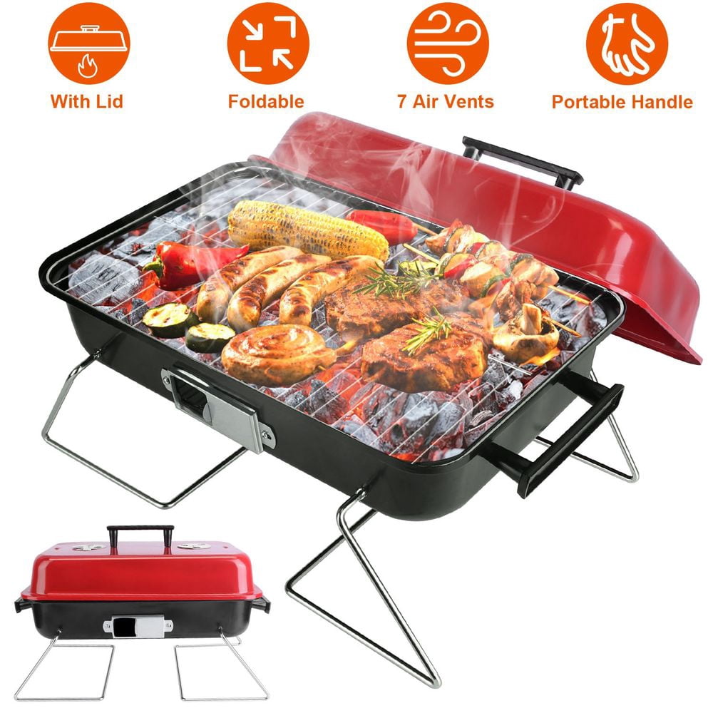 Portable Barbecue Smoker Charcoal Grill - Outdoor Tabletop Small Folding Grill with Lid for Backyard, Camping, Picnics & Beach