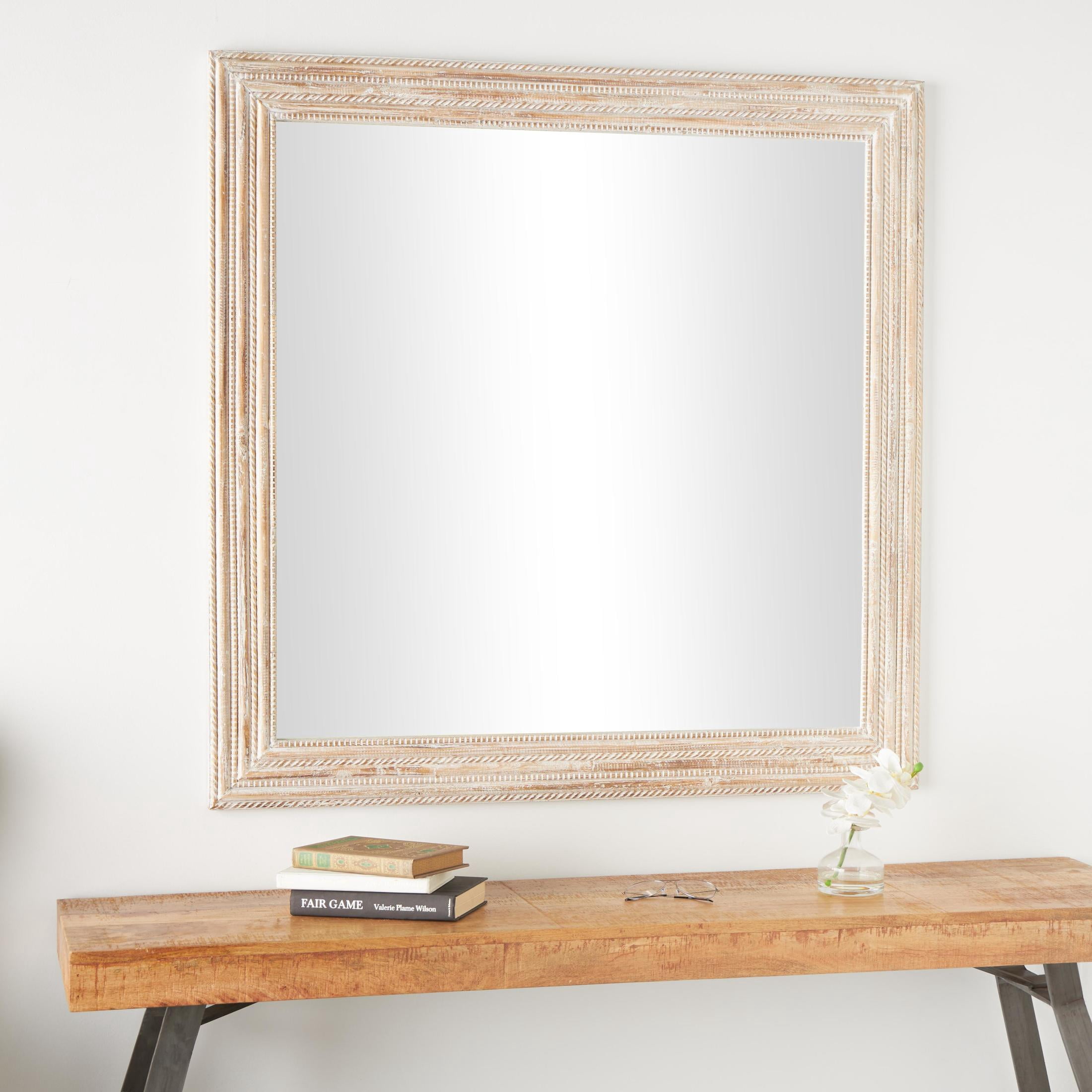 DecMode 44" x 44" Cream Handmade Wall Mirror with Ribbed Edged Frame