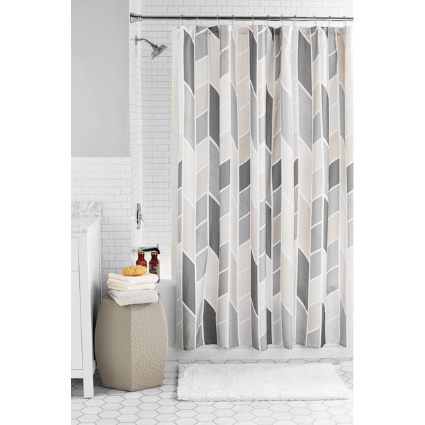 Mainstays Natural Geometric 14 Piece Fabric Shower Curtain, PEVA Liner and Metal Hook Set