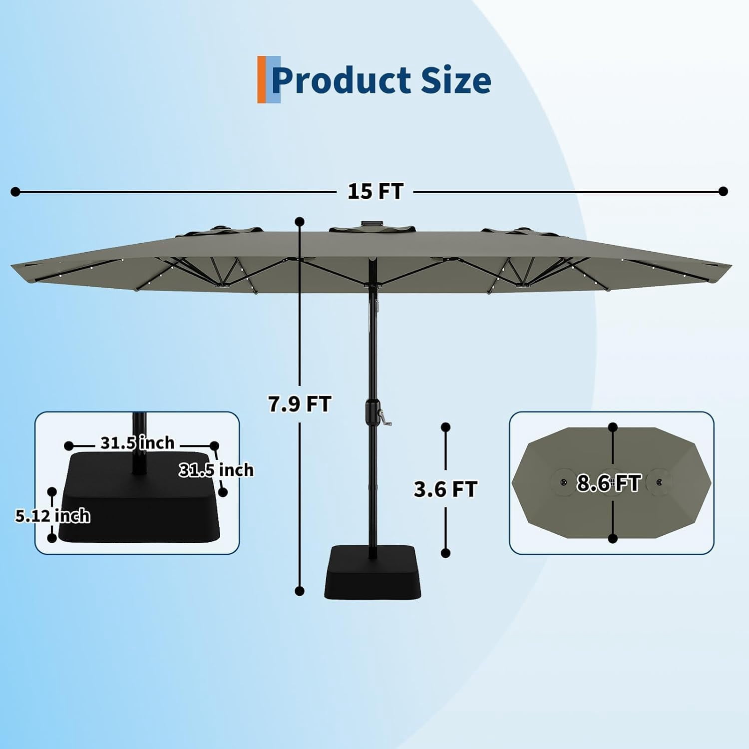 15 Ft Rectangular Patio Umbrella with Solar Lights & Base Included - Large Patio Umbrella with Crank Handle 36 LED Lights, UV Protection for Outdoor Market, Backyard, Deck, Pool, Grey