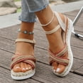 thumbnail image 2 of Espadrilles for Women Straw Braided Strappy Wedge Sandals Casual Summer Beach Shoes Open Toe Ankle Strap Platform Wedges Red Size 7.5, 2 of 8