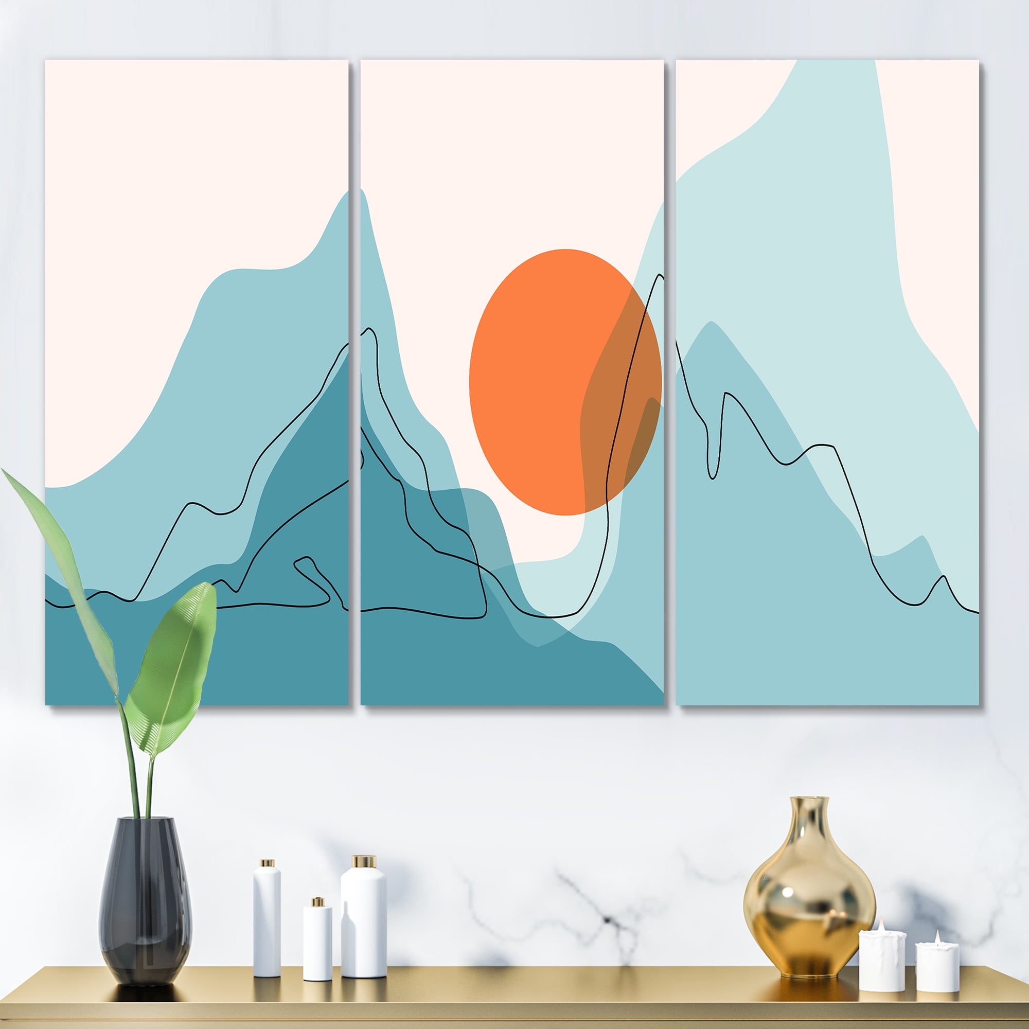 Designart ' Abstract Blue Mountains With Red Moon I ' Modern Canvas Wall Art Print