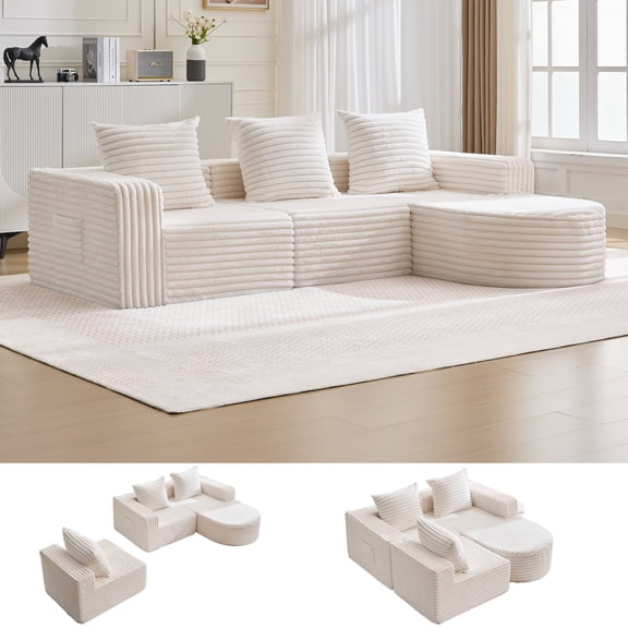 102" Boneless Sectional Cloud Couch,L-Shape with Chaise,Stoft Faux Fur Deep Sea,Modern Modular Sofa for Living Room