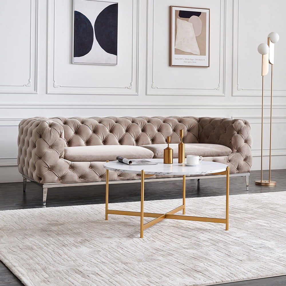 Private Jungle 32" Modern Round Coffee Table, Side End Table with Golden Color Frame and Wood Top