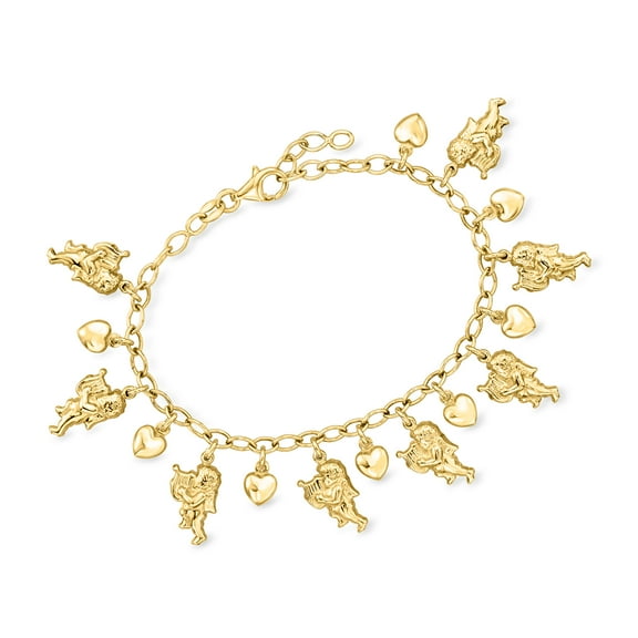 Ross-Simons Italian 18kt Gold Over Sterling Silver Cherub and Heart Charm Bracelet, Women's, Adult