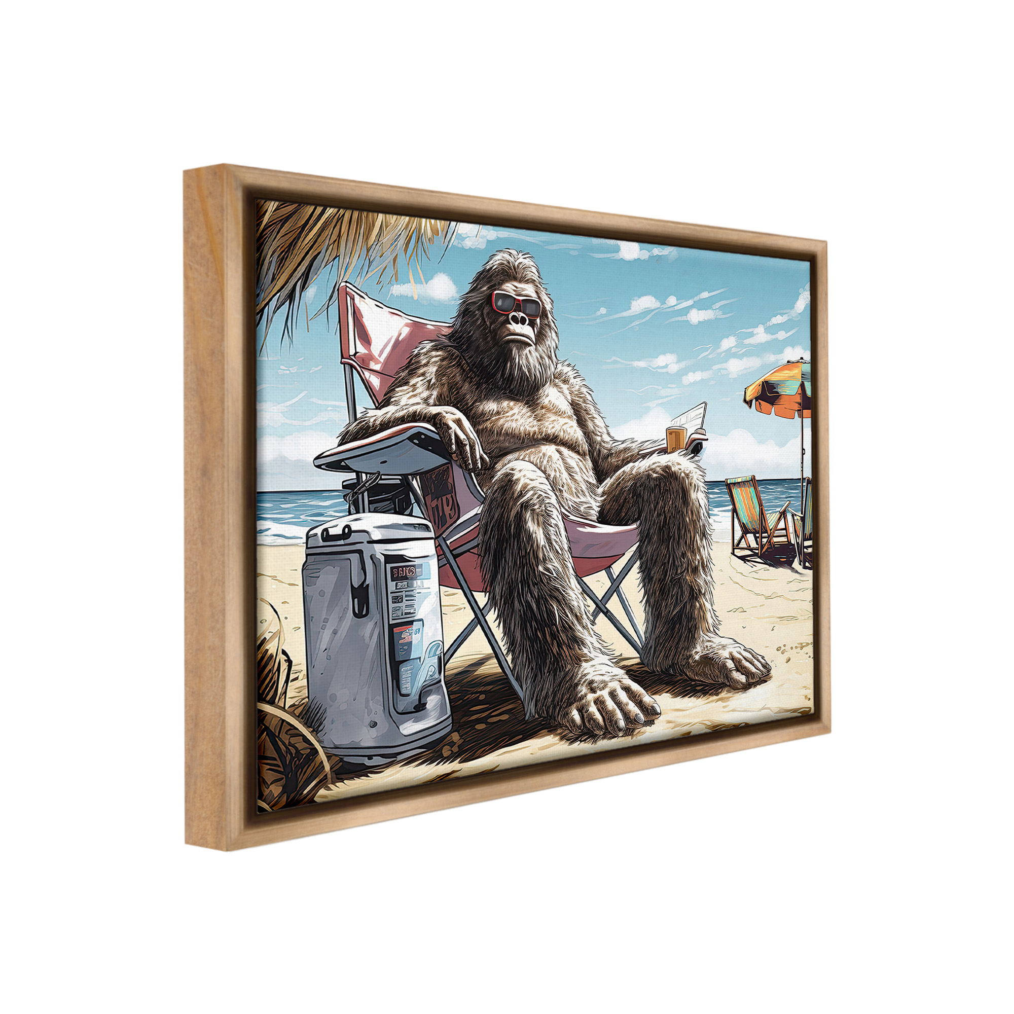 Stupell Industries Hairy Monster on Beach Fairy Tales & Fantasy Painting Brown Floater Framed Canvas Art Print Wall Art, 31 x 25