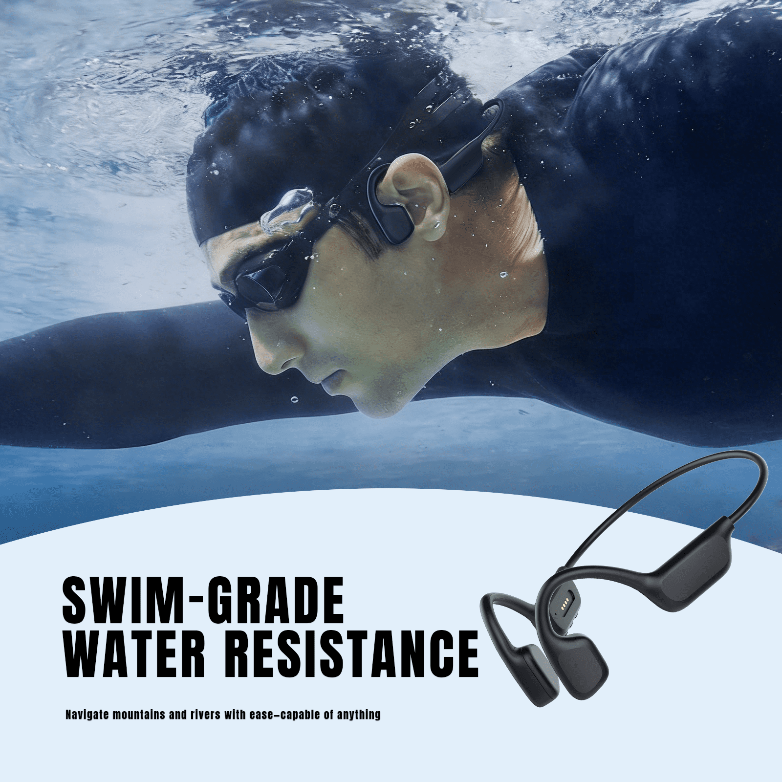 Bone conduction headphones, Bluetooth 6.0, 32GB memory, IPX8 waterproof, 8H battery life, magnetic charging for swimming, running, cycling.