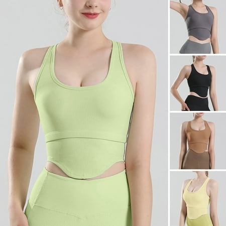 

dianhelloya sports bras for women Yoga Bra Breathable Gather Padded Shockproof Solid Color Push Up Scoop Neck High Elasticity Yoga Sports Vest for Gym