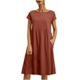 thumbnail image 2 of Patlollav Womens Casual Summer Cotton Linen Solid Color Round Neck Short Sleeve Dress Midi Dress, 2 of 6