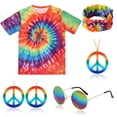 thumbnail image 2 of 60s 70s Men's Hippie Costume Outfit, Colorful Tie-dye Print T-shirt Set with Headband, Sunglasses, Peace Sign Necklace, 2 of 7