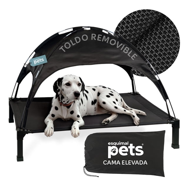 Cama Elevada para Perro con Malla Transpirable y Toldo, Catre de Mascotas Esquimal (Negro, 129x91x97 cm)