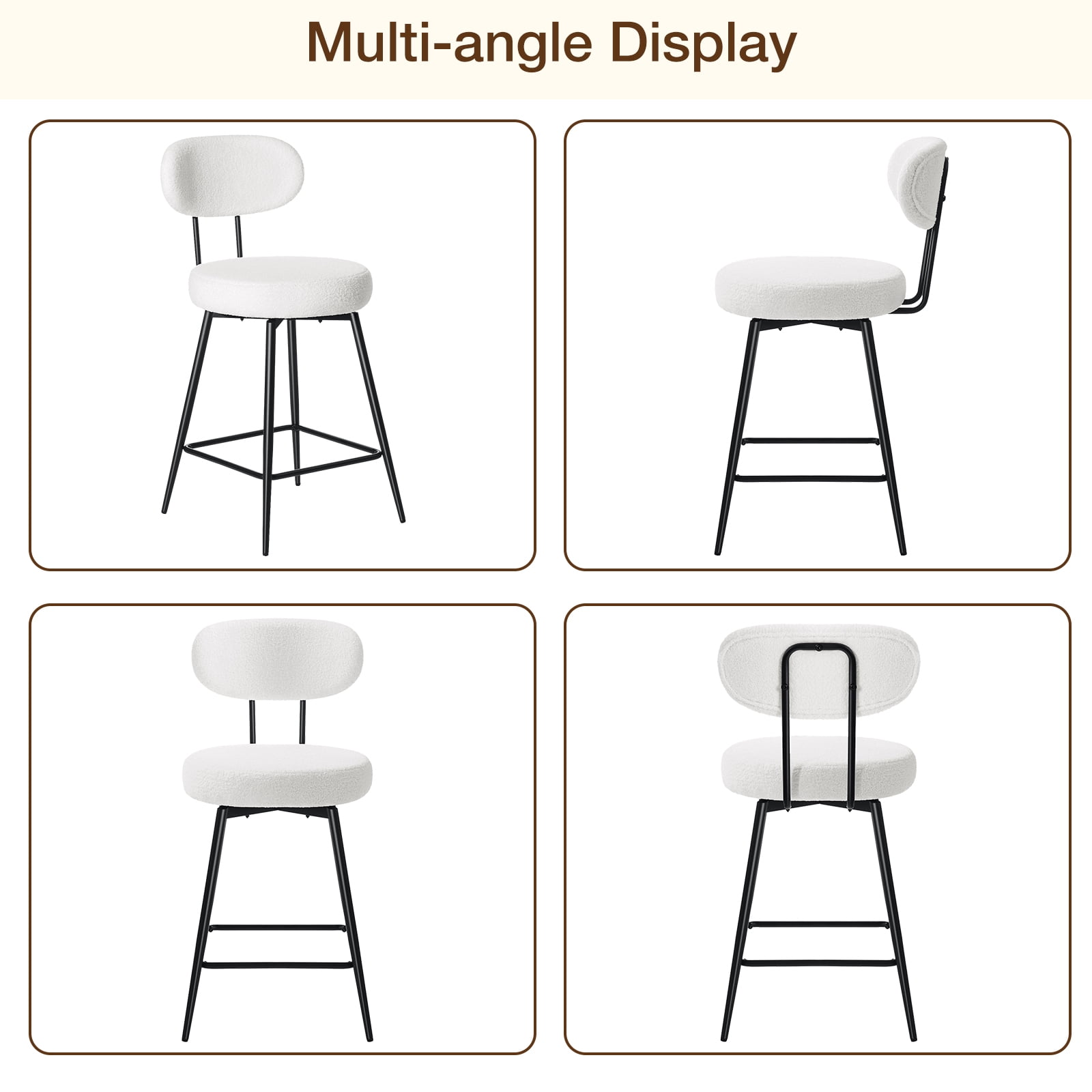 Hommpa 26" Swivel Bar Stools Set of 2 with Back Upholstered Counter Height Modern Boucle Bar Chairs with Metal Frame & Footrest 360° Swivel Dining Pub Chairs for Kitchen Island