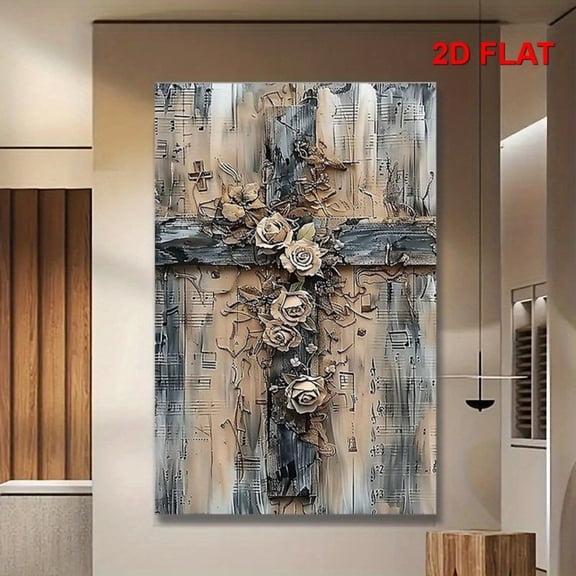 Textured Cross Roses Canvas Wall Decor Ready to Hang Living Room