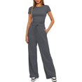 thumbnail image 1 of ZHAOCHENG Conjuntos de 2 piezas para mujer Conjuntos de salón Tops de manga corta fruncidos y pantalones de pierna ancha con cintura alta Conjuntos de chándal, 1 of 2
