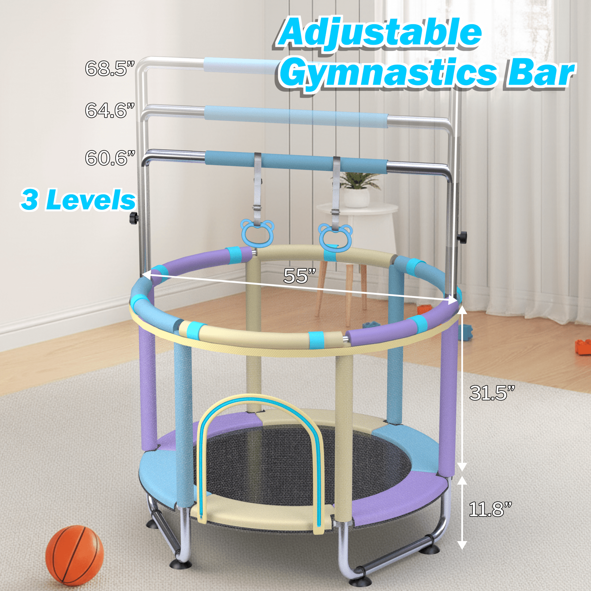 Trampoline for Kids 55inch Toddler Mini Small Trampoline Outdoor Indoor Basketball Hoop, Swing, Gift for Baby, Toddlers & Kids Ages 3-6