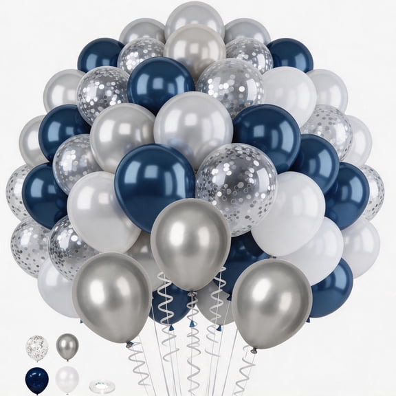 Navy Blue and Silver Confetti Balloons, 50pcs 12 inch Metallic Silver and White Pearl Balloons for Baby Shower Wedding Engagement Birthday Graduation Party Decorations