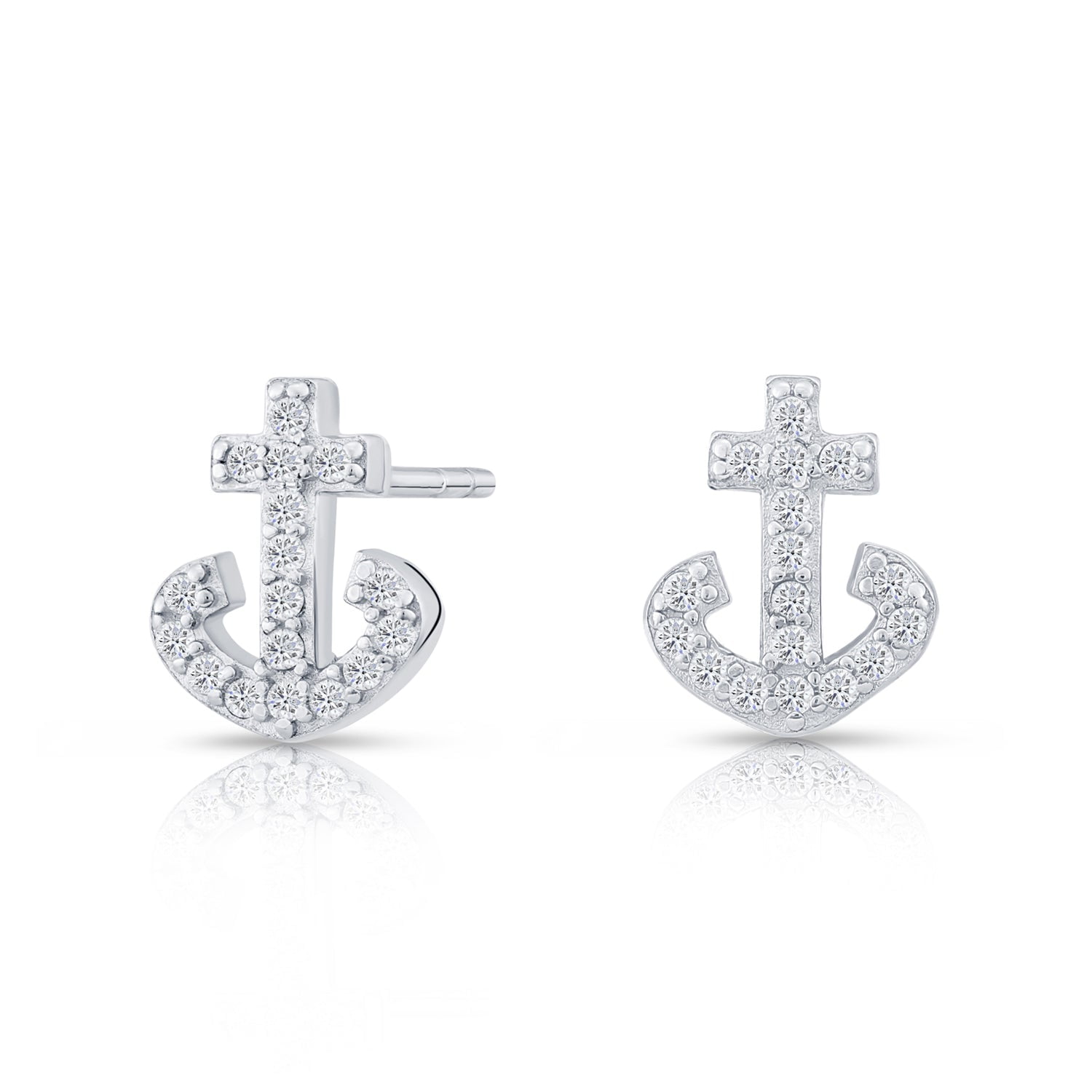 Tilo Jewelry 925 Sterling Silver Anchor Stud Earrings with Cubic Zirconia CZ Stones | Women, Men, Unisex