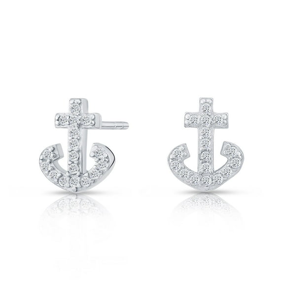 Tilo Jewelry 925 Sterling Silver Anchor Stud Earrings with Cubic Zirconia CZ Stones | Women, Men, Unisex