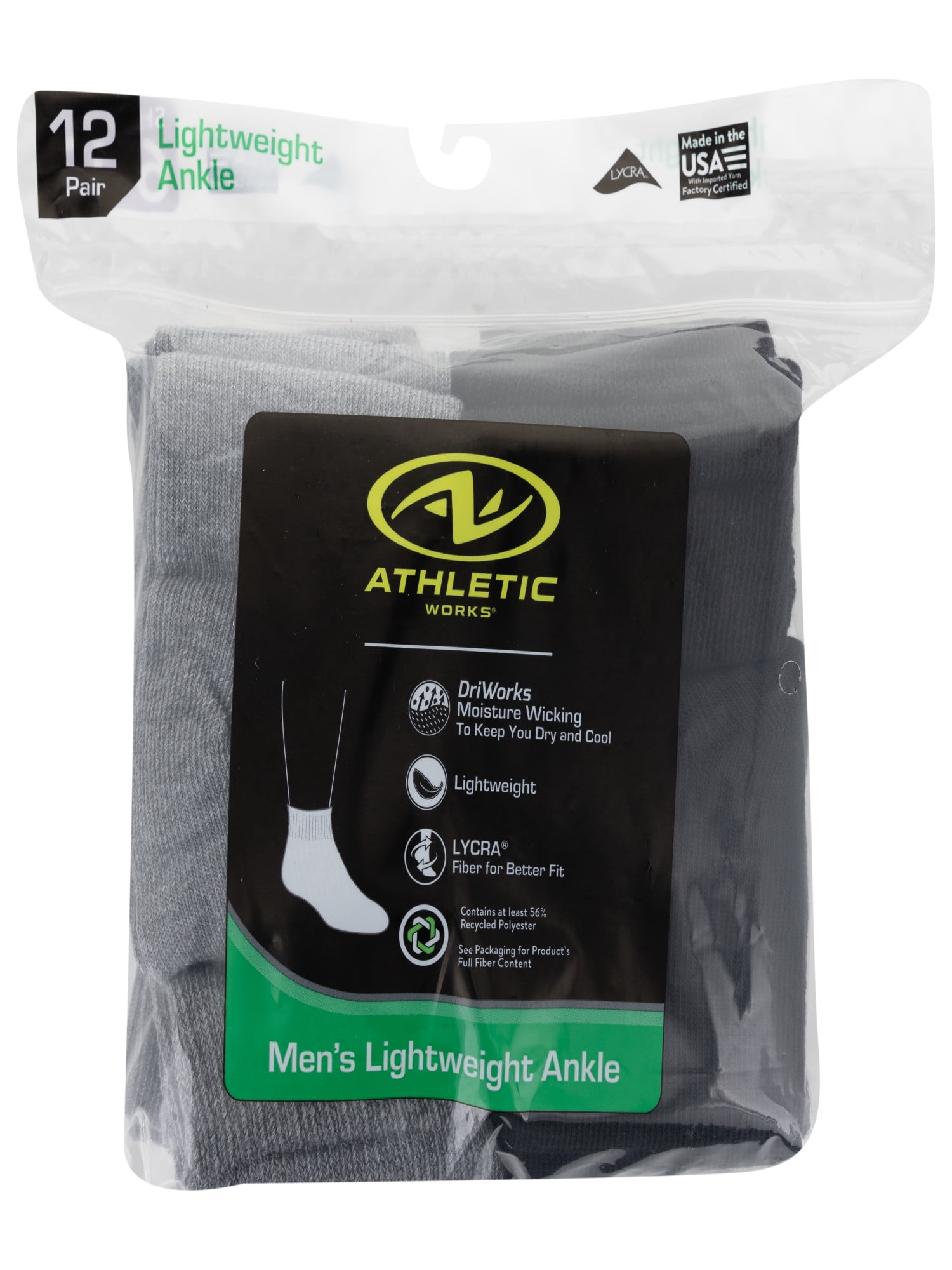 Athletic Works Men's Lightweight Ankle Socks, 12-Pack, Moisture-Wicking, Lightweight Fabric, Fits Shoe Sizes 6-12