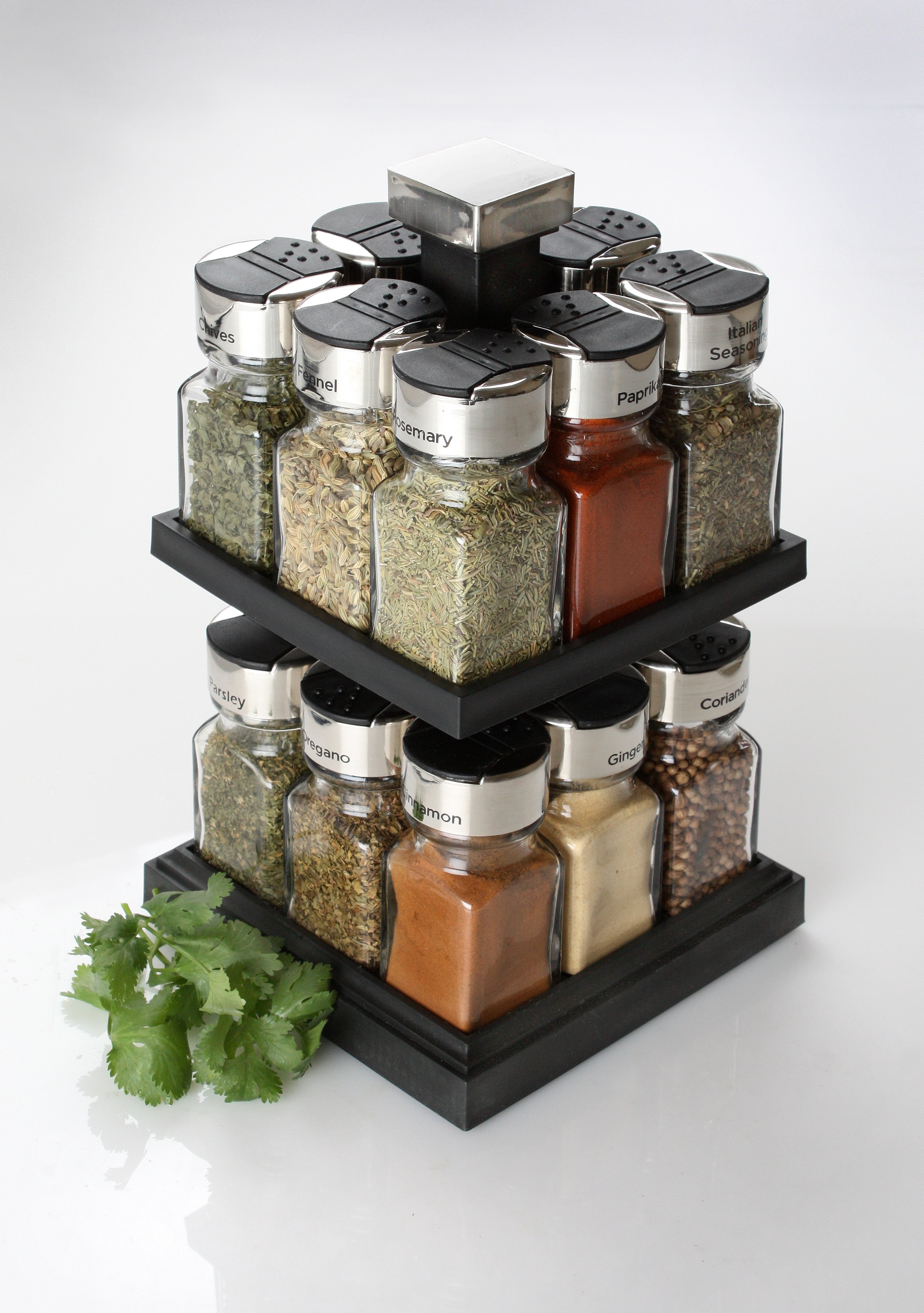 16-Jar Kitchen Spice Rack with Salt & Pepper Grinders 3 Oz Glass Jars Orbit  Spice Rack Jars with 2 Tier Revolving Countertop Carousel Herb