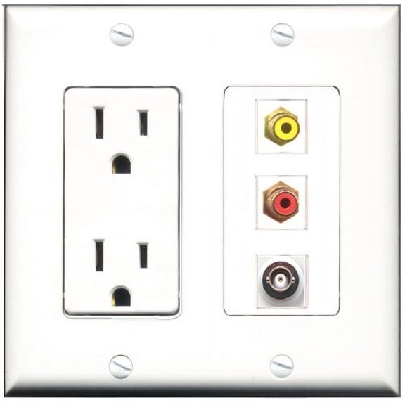 RiteAV - 15 Amp Power Outlet 1 Port RCA Red 1 Port RCA Yellow 1 Port BNC Decorative Wall Plate