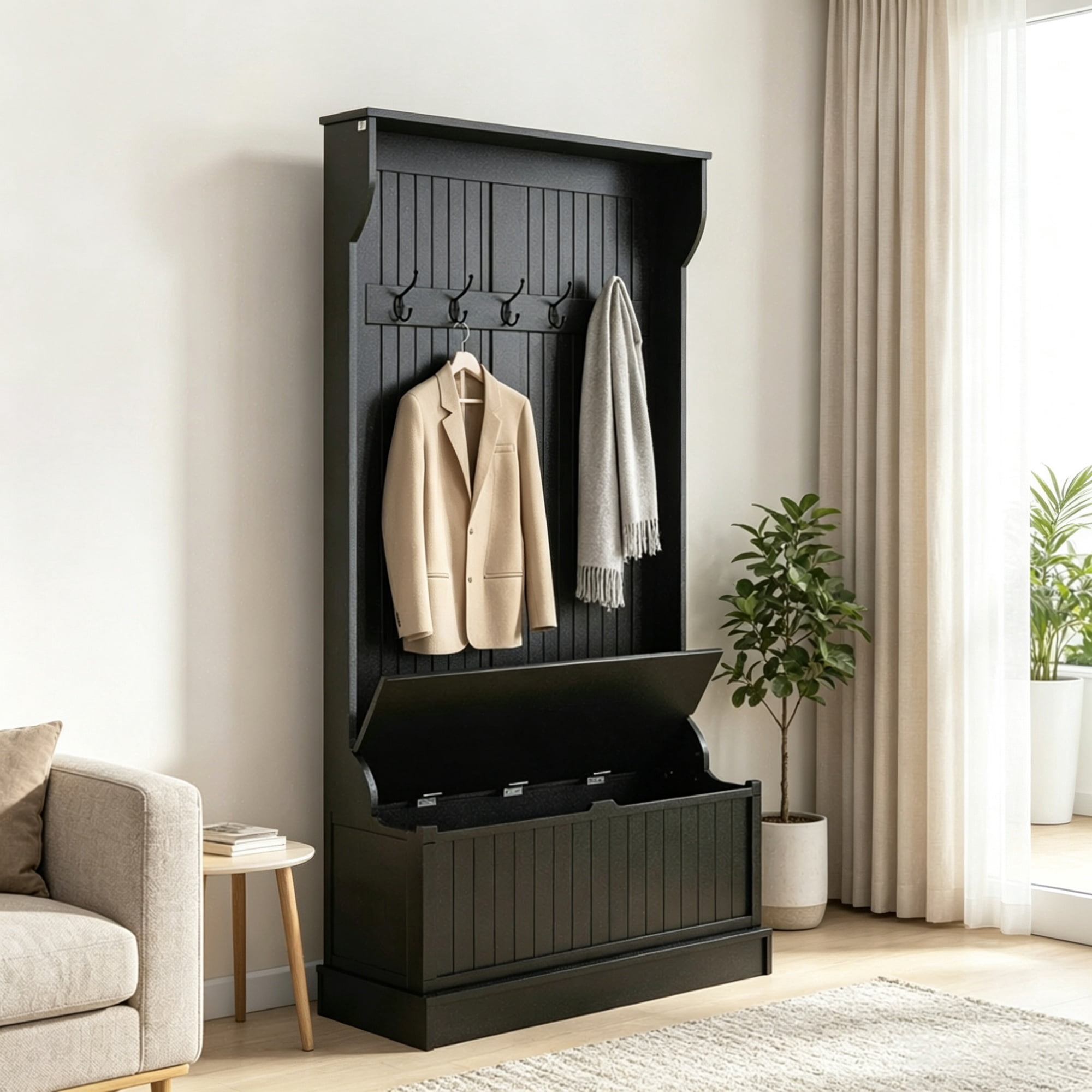 3 in 1 Entryway Bench Coat Rack Hall Tree with Shoe Storage 5 Hooks for Hallway, Bench And Storage Furniture, Black