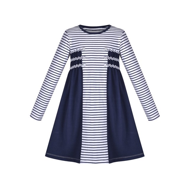 Robe Fille Manches Longues Bleu Marine Rayé Coton Décontractée 7 Ans