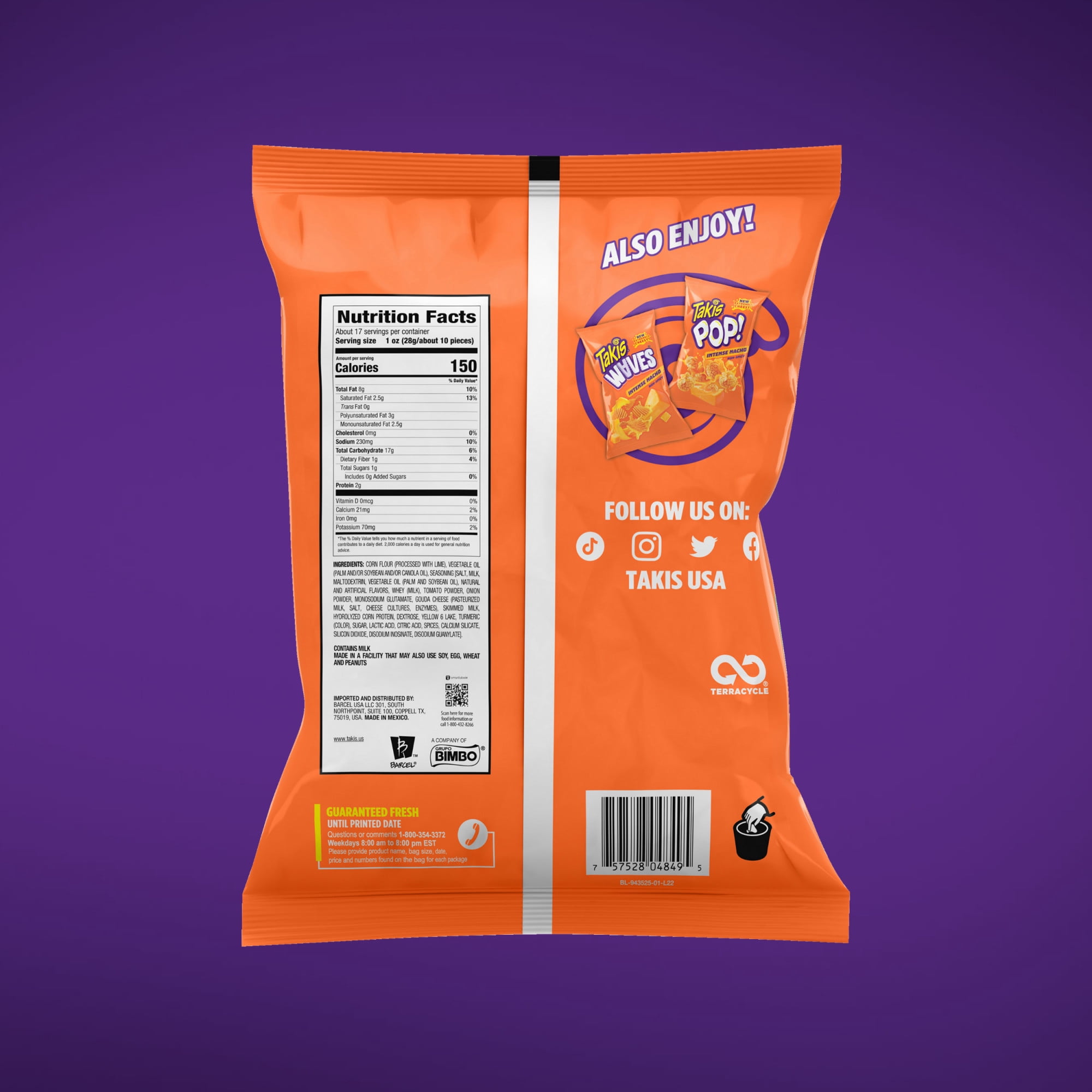 Takis Intense Nacho 17 oz Fiesta Size Bag, Cheese Rolled Tortilla Chips