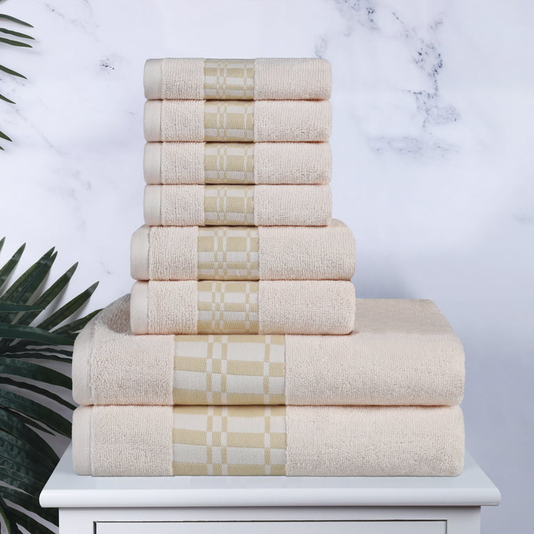 Geometric Border Assorted 8-Piece Cotton Luxury Bath Towel Set for  Bathroom, 13 x 13”, 16” x 30”, 30” x 52”, Ivory by Blue Nile Mills