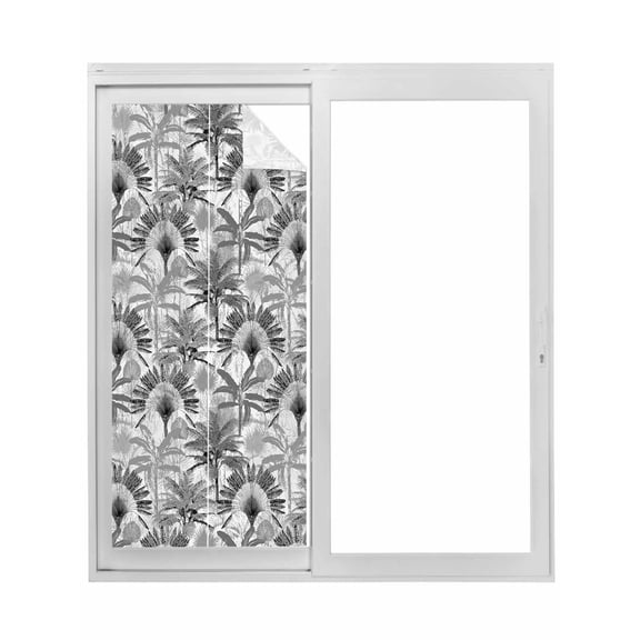 Grey Tropical Leaves Window Privacy Film, Summer Palm Trees Botanical Static Cling UV Sun Blocking Tint Film Heat Control Windows Films for Bedroom Bathroom, Window Stickers 23.6"x59"
